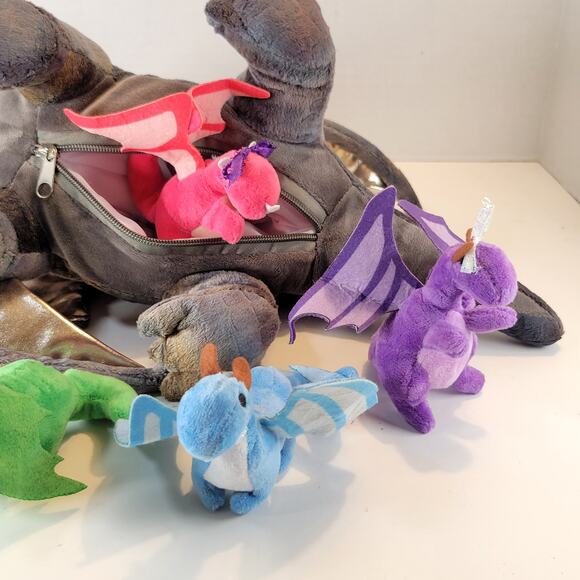 Gold & Gray Dragon Plush & 5 Mini Dragons Inside 15" Stuffed Animal Plushy - Picture 10 of 11